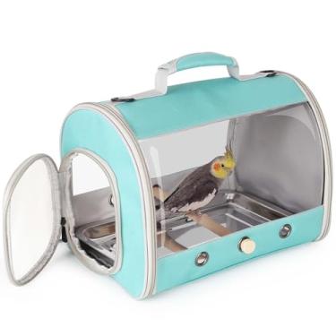 Imagem de halinfer Gaiola portátil para transporte de pássaros com bandeja de metal, tapete macio e poleiro de madeira, mãos livres, leve, transparente, 2 janelas, bolsa de transporte para periquitos