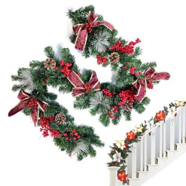 Imagem de Guirlandas para decoração de Natal,Guirlanda de Natal ao ar livre | Guirlanda de lareira de Natal de 8,86 pés com pinhas e frutas vermelhas | Cabide de porta de vime para janela de jantar para árvores