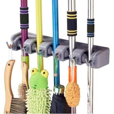 Imagem de Suporte de Parede para Vassouras e Rodos, 5 Posições, Cinza, com Ganchos, Organizador de Utensílios de Limpeza