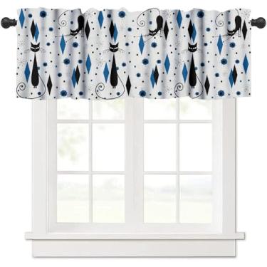 Imagem de Cortinas de saia de gato preto de meados do século, retrô atômico starburst vintage moderno abstrato geométrico padrão 1950 cortina de janela para quarto sala de estar 137 x 45 cm