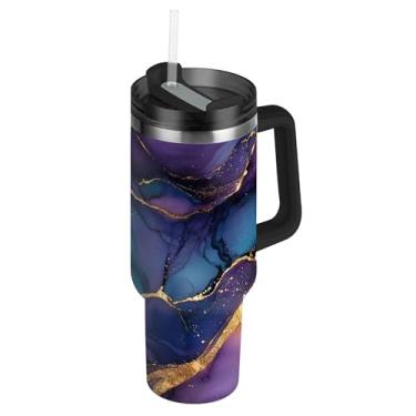 Imagem de SEHANY Copo de mármore roxo de 1,134 g com tampa e canudo, aço inoxidável de vácuo duplo isolado garrafa de água esportiva suporte para copo de café de viagem à prova de vazamento para bebida gelada