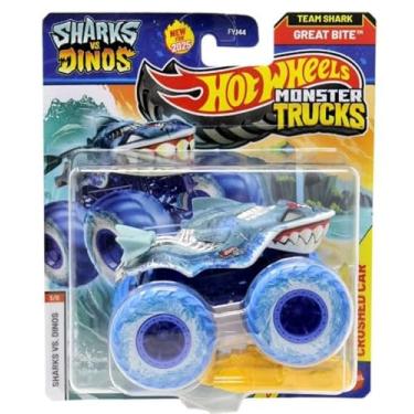 Imagem de Hot Wheels Monster Trucks Sharks vs Dinos, 1:64 Scale Die-Cast Vehicle Collection, 2025 Edition (3/8 Blue Wheels Great Bite)