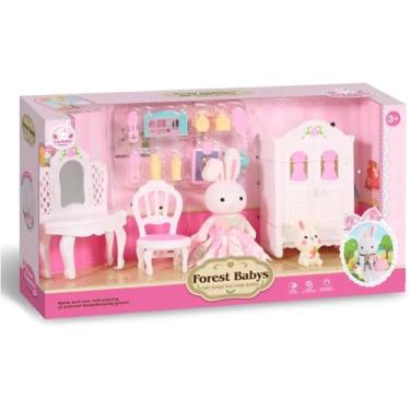Imagem de Forest Babys Quarto Encantado de Coelha com Guarda-Roupa e Penteadeira, Rosa e Branco, Brinquedo Colecionável para Crianças 3+, com Acessórios