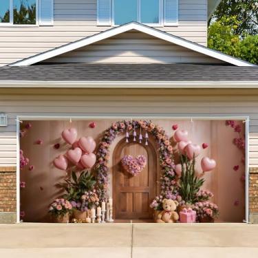 Imagem de Capa de porta de garagem de aniversário, cenário fotográfico de faixa de feliz aniversário, fundo de festa para decoração de parede interna e externa (balão em forma de coração, 2,1 x 4,9 m)