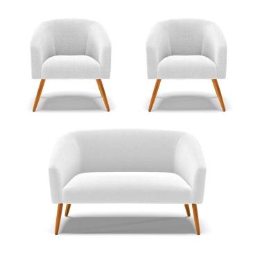 Imagem de Kit 1 Sofá Namoradeira E 2 Poltronas Stella Bouclê Off White Pés Palito Castanho - D\'rossi