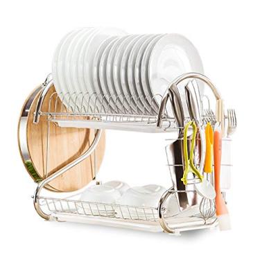 Imagem de Rack de Secagem Pratos 2 Andares Aço com Prateleira Drenagem Removível Porta-Utensílios Porta-Tabua Corte Organizador e