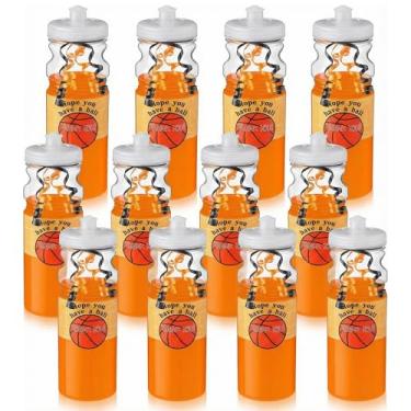 Imagem de Vinsot Pacote com 12 garrafas de água de basquete, 740 ml, com fita, 12 adesivos reutilizáveis, conjuntos de garrafas de basquete para esportes, viagens, academia, equipe, celebração, festa