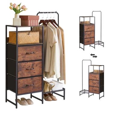 Imagem de Aibiju Cômoda para quarto com 3 gavetas de tecido, cômoda de tecido com prateleira, cabide com prateleira de sapatos e prateleiras para quarto, sala de estar, corredor, escritório, marrom rústico