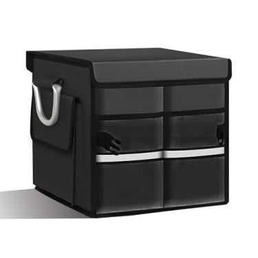 Imagem de Wogomz Organizador de porta-malas de carro com tampa, caixa de armazenamento dobrável de 28L com 2 compartimentos, impermeável, Oxford para veículos, com placa de base e alça de metal, acessórios para