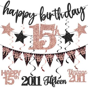 Imagem de 12 peças de decorações de aniversário de 15 anos para mulheres, ouro rosa vintage 2010, faixa de feliz aniversário de 15 anos, bandeira triangular, faixa com glitter, espirais pendurados, suprimentos