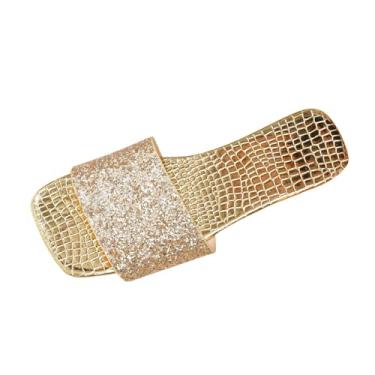 Imagem de Chinelos femininos de verão com boca de peixe com contas de strass para uso diário casual em design brilhante, Dourado, 38
