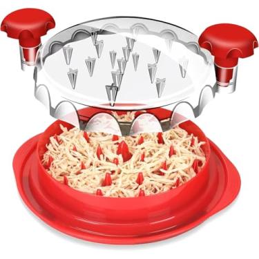 Imagem de Ferramenta de triturador de peito de frango com placa removível – Triturador de carne manual grande com tampa transparente e escova, alça ergonômica, lavável na lava-louças (vermelho)