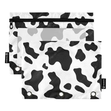 Imagem de GAIGEO Pasta de lápis com 3 anéis para sala de aula, fichário com zíper, bolsas transparentes para escola, bolsos transparentes, estampa de vaca preta e branca, 25 x 18 cm, 2 pacotes
