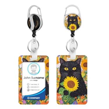 Imagem de Porta-crachá de identificação de flor floral de gato preto fofo com molinete retrátil resistente, chaveiro, cartão de identificação para mulheres, enfermeiros, professores, funcionários de escritório