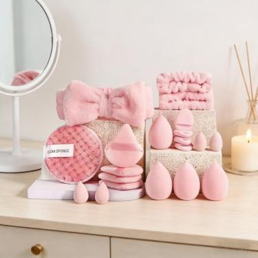 Imagem de Conjunto de 20 esponjas de maquiagem, esponjas de liquidificador de beleza com faixa de cabeça, pó de puffs, limpador de esponja e pulseiras, esponjas de maquiagem mini e médias para base, mistura e