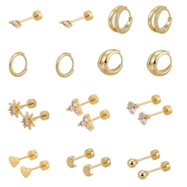 Imagem de 10 Pares Brincos com Base Plana, Pequenos Argola Delicados em Cobre com Zircônia Brincos Pino Base Plana Usar Conjunto Acessórios Joias da Moda Adequados para Mulheres (Ouro)