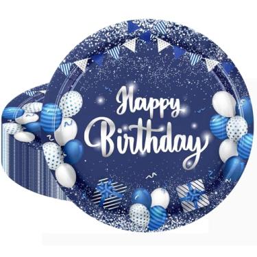 Imagem de Cekivina 20 peças de pratos de papel de aniversário, 22 cm, elegantes pratos descartáveis de festa de aniversário azul e prata, para homens, meninos, artigos de decoração de feliz aniversário, serve