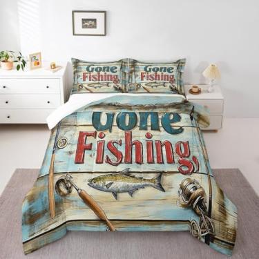 Imagem de Feelyou Jogo de cama de caça de peixes, robalo, peixe grande, para decoração de quarto de crianças, meninos, meninas, adolescentes, tamanho queen, conjunto de edredom de pescador e homem, 3 peças