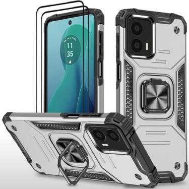 Imagem de HONG-AMY Capa para Moto G 5G 2024 com 2 peças de protetor de tela de vidro temperado, grau militar duplo à prova de choque com suporte - prata