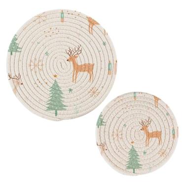 Imagem de Wassud Conjunto de trivet de veado e árvore de Natal para pratos quentes, suportes redondos de algodão, almofadas quentes, porta-copos elegantes, decoração de cozinha e acessórios, 2 peças