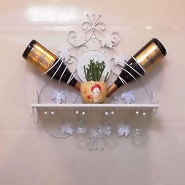 Imagem de Suporte vintage para copos de vinho montado na parede, suporte de taças de ferro comporta 2 garrafas e 4 copos, rack de vinho com prateleira 19,7" × 5,9" × 20,5 cm (Bronze, branco, preto) (branco)
