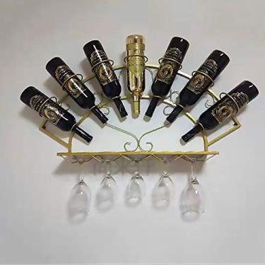 Imagem de Suporte de vidro de vinho de parede de ferro, rack rústico para pendurar com prateleira, comporta 7 garrafas e 5 copos (preto, branco, dourado, bronze)
