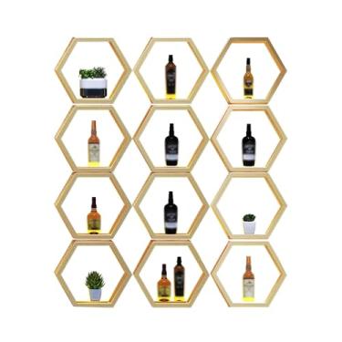 Imagem de Prateleira hexagonal para bebidas em barra de ferro com luz LED – suporte de vinho montado na parede para cozinha, bar, restaurante e sala de estar – exibição de garrafa de licor elegante (135 x 20 x