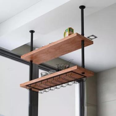 Imagem de Rack de vinho moderno de 2 camadas e suporte de flores - prateleira de teto flutuante ajustável de 60-120 cm, organizador de cozinha para taças de vinho e decoração de casa (tamanho: 100 x 25 x 70 cm)