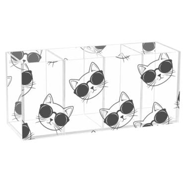 Imagem de Burbuja Porta-canetas de acrílico para gatos em óculos de sol, 4 compartimentos, suporte de lápis transparente para pincéis de maquiagem fixos, acessórios de mesa de escritório em casa