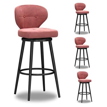 Imagem de Bancos de bar estofados de veludo moderno conjunto de 4, bancos de bar com altura de balcão com encosto e pernas de metal, cadeiras de jantar giratórias com apoio para os pés para ilha de cozinha, bar