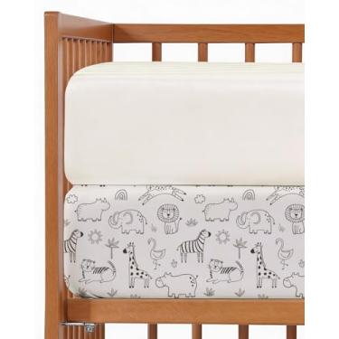 Imagem de Pacote com 2 lençóis de berço com elástico – Pacote N Play para colchão – Roupa de cama macia para meninos e meninas – Sem desbotamento e rugas – Oeko-Tex – 96,5 x 61 cm, desenho zoológico