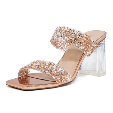 Imagem de GENSHUO Salto alto grosso para mulheres, moderno, confortável, sem cadarço, bico aberto, salto bloco, duas alças, frente única, mules, Champanhe-strass, 37