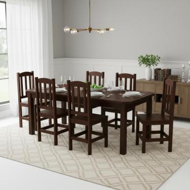 Imagem de Conjunto Mesa Com 6 Cadeiras De Madeira Maciça Castanho - Castanho S/estofado Castanho S/estofado