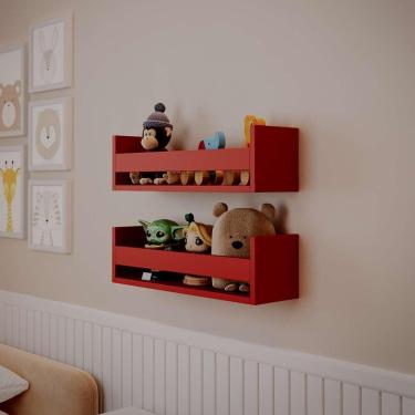Imagem de Kit 2 Prateleiras Porta Brinquedos Vermelha 70 X 12cm Suporte Invisivel