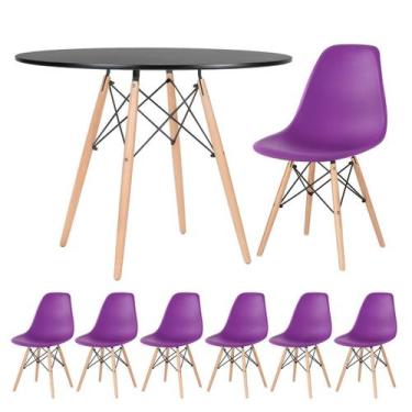 Imagem de Laraz, Mesa redonda Eames 100 cm preto + 6 cadeiras Eiffel DSW Roxo