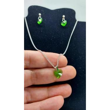 Imagem de Colar Brinco zircônia Ponto De Luz CORAÇÃO Aço Inox VERDE - ASA