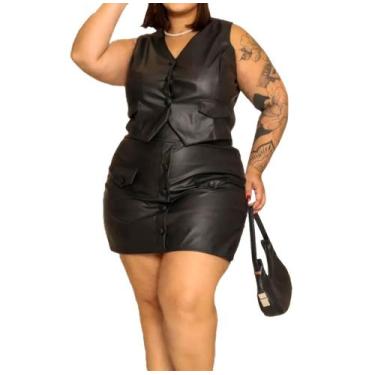 Imagem de Colete Couro Plus Size Ecológico Preto Moda Elegante Chic Inverno Fash