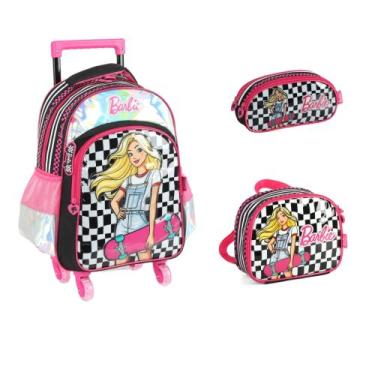 Imagem de Kit Mochila Rodinha Led + Lancheira + Estojo Triplo Barbie Skate, Xadr