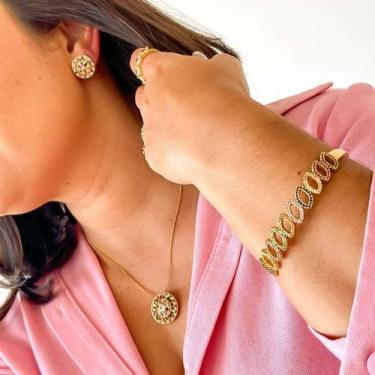 Imagem de Bracelete luxo gotas vazadas cravejado colorido banhado a ouro 18k - K