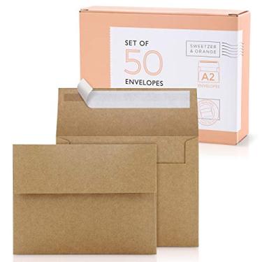 Imagem de Envelopes A2 Sweetzer & Orange (50 com caixa). Envelopes de autovedação marrom. 150 g/m² de luxo para envelopes de cartões e envelopes de convite 11 x 14 cm, envelopes RSVP, envelopes simples Kraft.