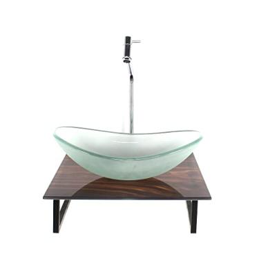 Imagem de KIT CUBA DE VIDRO OVAL 10MM JATEADA COM TAMPO DE VIDRO 40CM X 40CM MADEIRA NOGUEIRA E SUPORTE TORNEIRA VALVULA