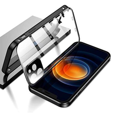 Imagem de Capa de trava de segurança para iPhone 14 Plus com protetor de lente de câmera protetor de tela 360 armação de metal de corpo inteiro capa transparente vidro de dupla face (preto)