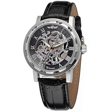 Imagem de Weicam Relógio de pulso mecânico masculino moderno com mostrador transparente com design de esqueleto, pulseira de couro, relógio automático de corda manual, Mecânico