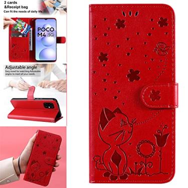 Imagem de Capas de telefone de abelha de gato em relevo compatíveis com Xiaomi Poco M4 5G Poco M5 4G Capa de couro de luxo slots para cartão de visita clipe de carteira capas à prova de choque (vermelho, Xiaomi Poco M5 4G)