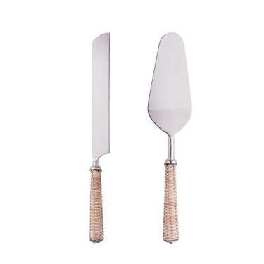 Imagem de ESPÁTULA E PÁ PARA BOLO DE AÇO INOX COM CABO DE RATTAN WOLFF PRATA