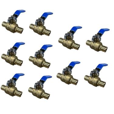 Imagem de EZ-Fluid (10 pacotes) Válvula de esfera Pex de latão de 1,27 cm com porta completa para desligamento de água, LF, acessórios Pex em ambas as extremidades para tubulação Pex, tipo de anel de crimpagem de farpa, quarto de volta