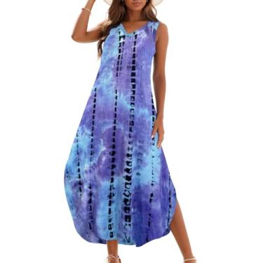 Imagem de Zilcremo Vestido longo feminino casual de verão, solto, sem mangas, com decote em V e fenda, Roxo, azul, XG