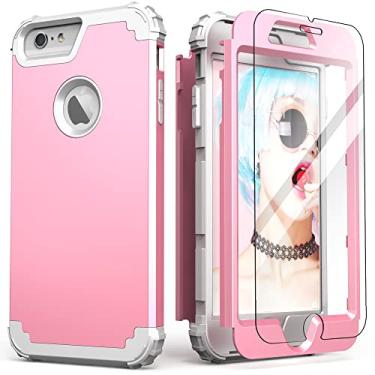 Imagem de IDweel Capa para iPhone 6S Plus com protetor de tela (vidro temperado), capa para iPhone 6 Plus, 3 em 1, à prova de choque, fina, híbrida, resistente, capa de policarbonato de silicone macio, capa de corpo inteiro, rosa/cinza claro
