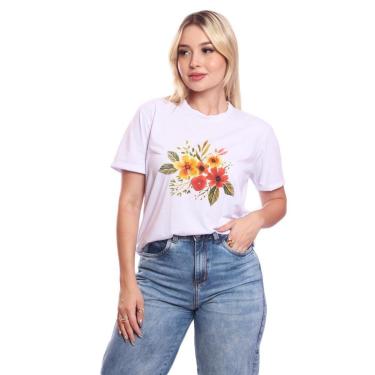Imagem de Tshirt Blusa Feminina Ramo de Flores Estampada Manga Curta Camiseta Camisa-Feminino