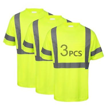 Imagem de LX Reflective Camiseta de segurança longa manga curta respirável de alta visibilidade para armazém de trabalho classe 3, Amarelo - 3 peças - curto, G